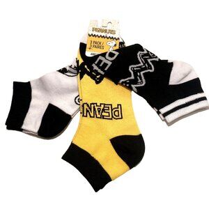 Peanuts Snoopy Socks White Yellow Black Mens Ankle Socks 3 Pck Novelty Funny New